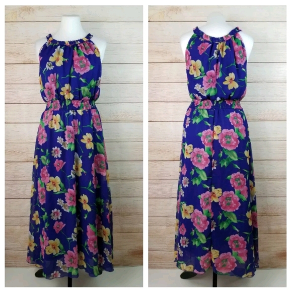 Vintage M Blue Floral Sleeveless Halter Maxi Dress